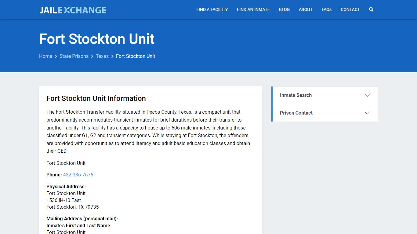 Fort Stockton Unit Inmate Search, TX - Jail Exchange